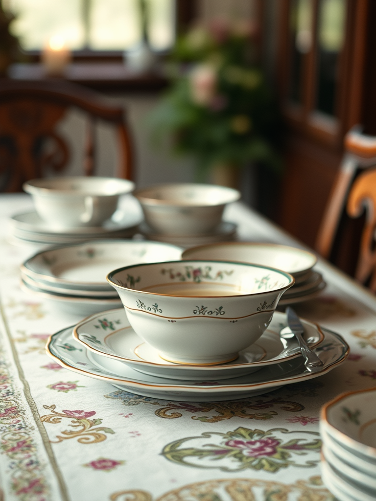 vintage china plates set on a vintage dining table